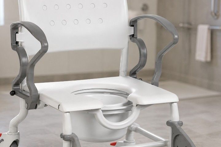 Rebotec Dusch- und Toilettenrollstuhl Erfurt mit Eimeraufnahme und Eimer, Grau-Rubinrot