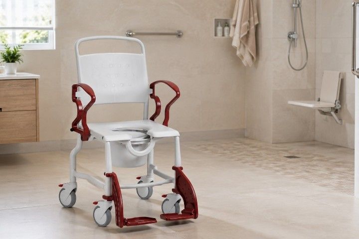 Rebotec Dusch- und Toilettenrollstuhl Erfurt mit Eimeraufnahme und Eimer, Grau-Blau