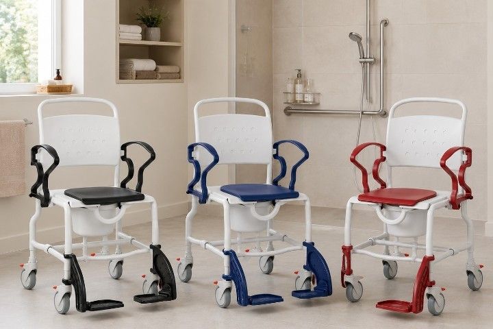 Rebotec Dusch- und Toilettenrollstuhl Paris mit Eimeraufnahme, Eimer und Sitzpolster, höhenverstellbar, Grau-Schwarz