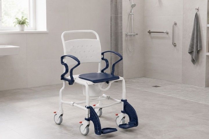 Rebotec Dusch- und Toilettenrollstuhl Paris mit Eimeraufnahme, Eimer und Sitzpolster, höhenverstellbar, Grau-Blau