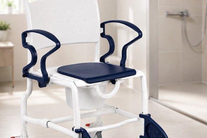 Rebotec Dusch- und Toilettenrollstuhl Paris mit Eimeraufnahme, Eimer und Sitzpolster, höhenverstellbar, Grau-Blau