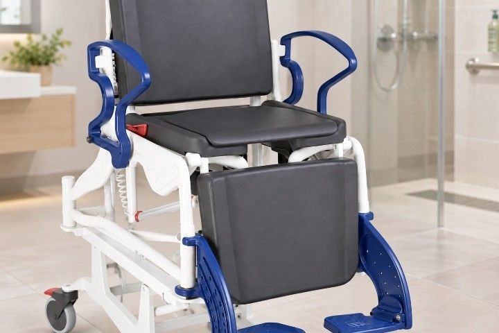 Rebotec Multifunktions-Dusch- und Pflegerollstuhl Phoenix mit Hygieneausschnitt, Grau-Rubinrot