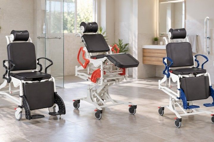 Rebotec Multifunktions-Dusch- und Pflegerollstuhl Phoenix elektrisch mit Hygieneausschnitt, Grau-Schwarz