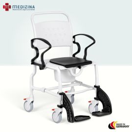 Produktbild: Rebotec Dusch- und Toilettenrollstuhl Paris mit Eimeraufnahme, Eimer und Sitzpolster, höhenverstellbar, Grau-Schwarz