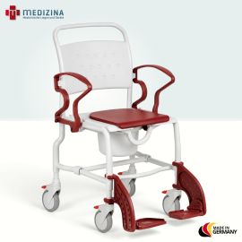 Produktbild: Rebotec Dusch- und Toilettenrollstuhl Paris mit Eimeraufnahme, Eimer und Sitzpolster, höhenverstellbar, Grau-Rubinrot