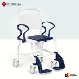Produktbild: Rebotec Dusch- und Toilettenrollstuhl Paris mit Eimeraufnahme, Eimer und Sitzpolster, höhenverstellbar, Grau-Blau