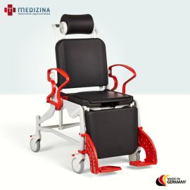 Produktbild: Rebotec Multifunktions-Dusch- und Pflegerollstuhl Phoenix mit Hygieneausschnitt, Grau-Feuerrot