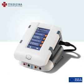 Abb. zeigt das Enraf Nonius Elektrotherapiegerät »Endomed 182« mit kompakter Bauform, zentralem Vollfarb-Touchscreen und zwei unabhängigen Kanälen für TENS- und Interferenzstromtherapien.