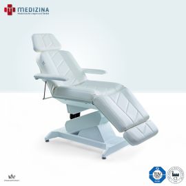 Abb. zeigt den Behandlungsstuhl »Lemi 4 Bi-Zak« mit anatomischer Polsterung, Papierrollenhalter, flachen Armlehnen und verstellbarem Fußteil. Ausgestattet mit vier leisen Elektromotoren, Speicher-, AUT- und SYNCHRO-Funktion.