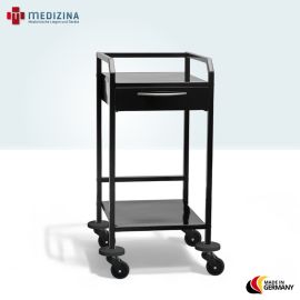 Abb. zeigt Stahl Gerätetisch mit einem Schubladeneinzug, Monorollen ø 75 mm und Tragkraft pro Schublade von 15 kg.


