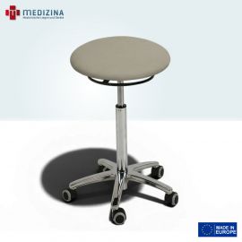 Abb. zeigt Drehhocker mit Rollen und Höhenverstellbarkeit per Ringauslösung durch große Gasdruckfeder.