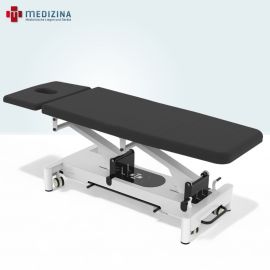 Abb. zeigt die MEDIZINA Behandlungsliege Sanatix Exam 2 mit 2-tlg. Liegefläche und Kopfteil mit Gesichtsausschnitt. Ausgestattet mit einem Motor, Rädergestell und Rundumschaltung.