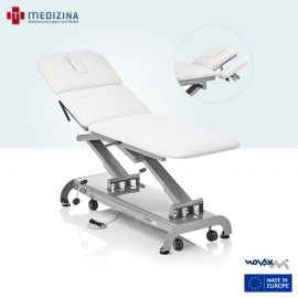 Abb. zeigt Novak M Therapieliege »S3 Basic« durch bedienbaren elektrischen Fußschalter höhenverstellbar. Kopfteil 1-teilig inklusive Nasenschlitz und Einsatz  (im Kreis: Kopfteil 3-teilig). 