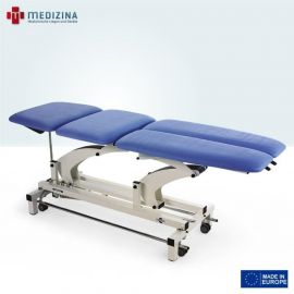 Abb. zeigt die Lymphdrainage-Liege »Sinthesi Split Basic« mit 4-tlg. Liegefläche, geteiltem Beinteil und zentralem Rollensystem. Ausgestattet mit elektrischer Höhenverstellung per Rundumschaltung und Kopfteilverstellung.