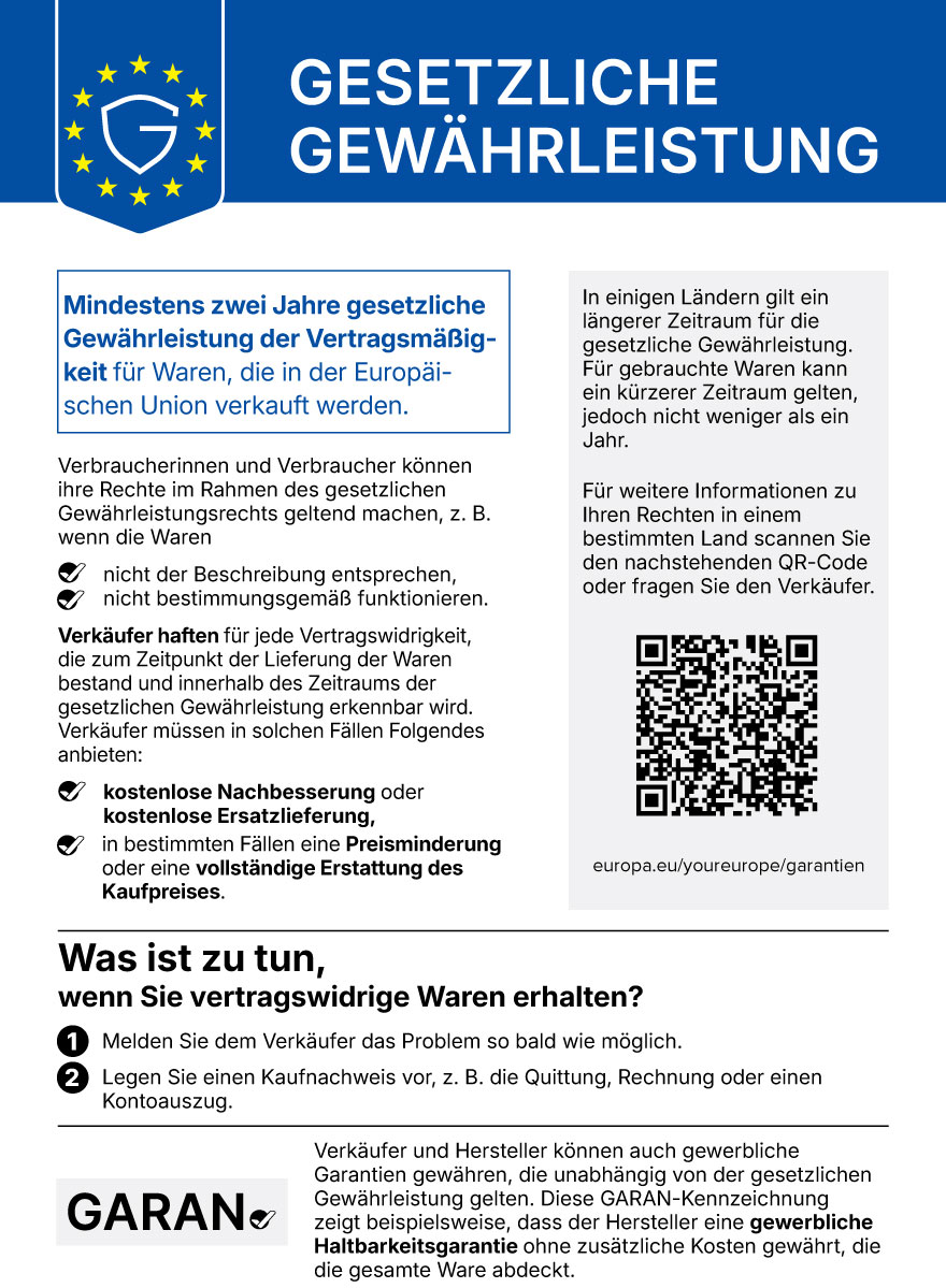 Offizielles EU-Hinweisschild zur gesetzlichen Gewährleistung für Verbraucher